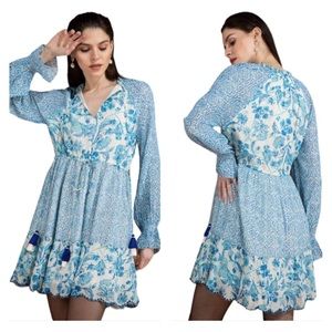 House of Harlow 1960 Babydoll Boho Blue Floral Fringe Mini Dress